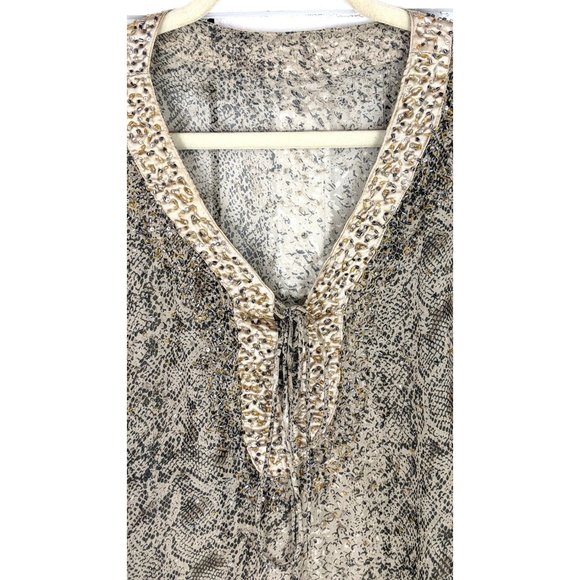 Reptile snake print lightweight sheer beaded kimono cover up caftan blouse - Picture 3 of 5